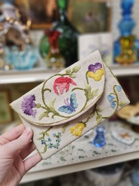 Vintage 70s Handmade Embroidered Canvas Clutch Butterfly Floral Cottagecore Snap